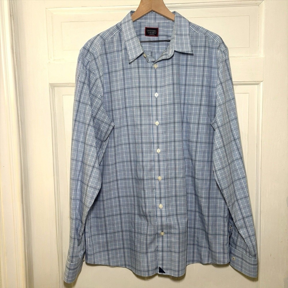 UNTUCKit Durbanville WF Plaid Shirt Men XXL Tall Slim Blue Wrinkle Free Untucked - Picture 3 of 6